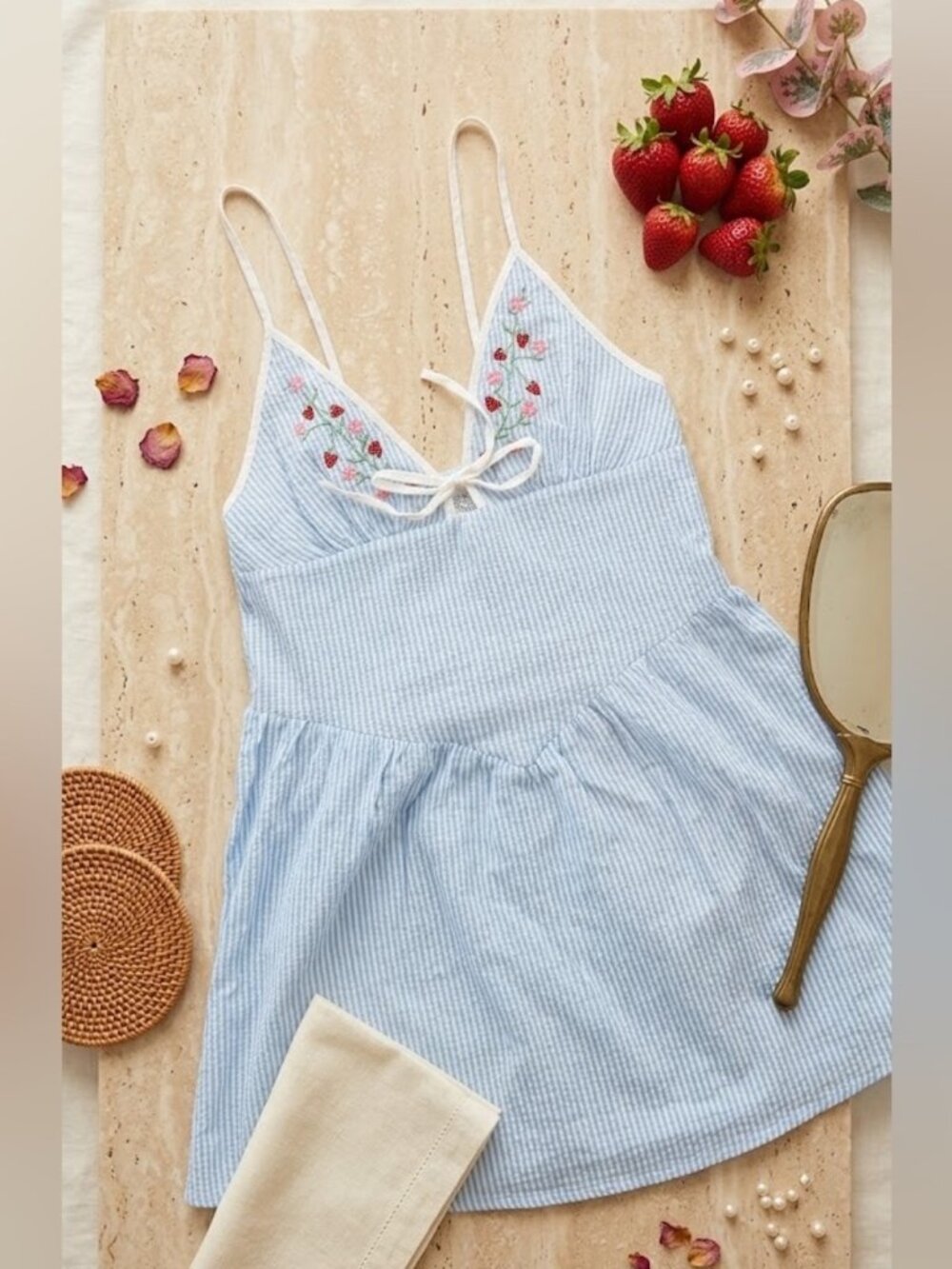 Wild Fable Blue White Stripe Strawberry Embroidered Mini Dress Size S - Picture 2 of 5